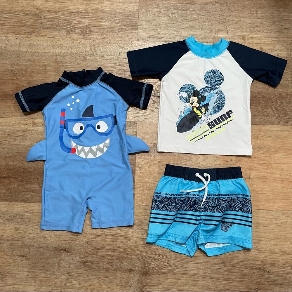 Disney Mickey Mouse Swim Suit set AND Baby shark swim onesie BUNDLE